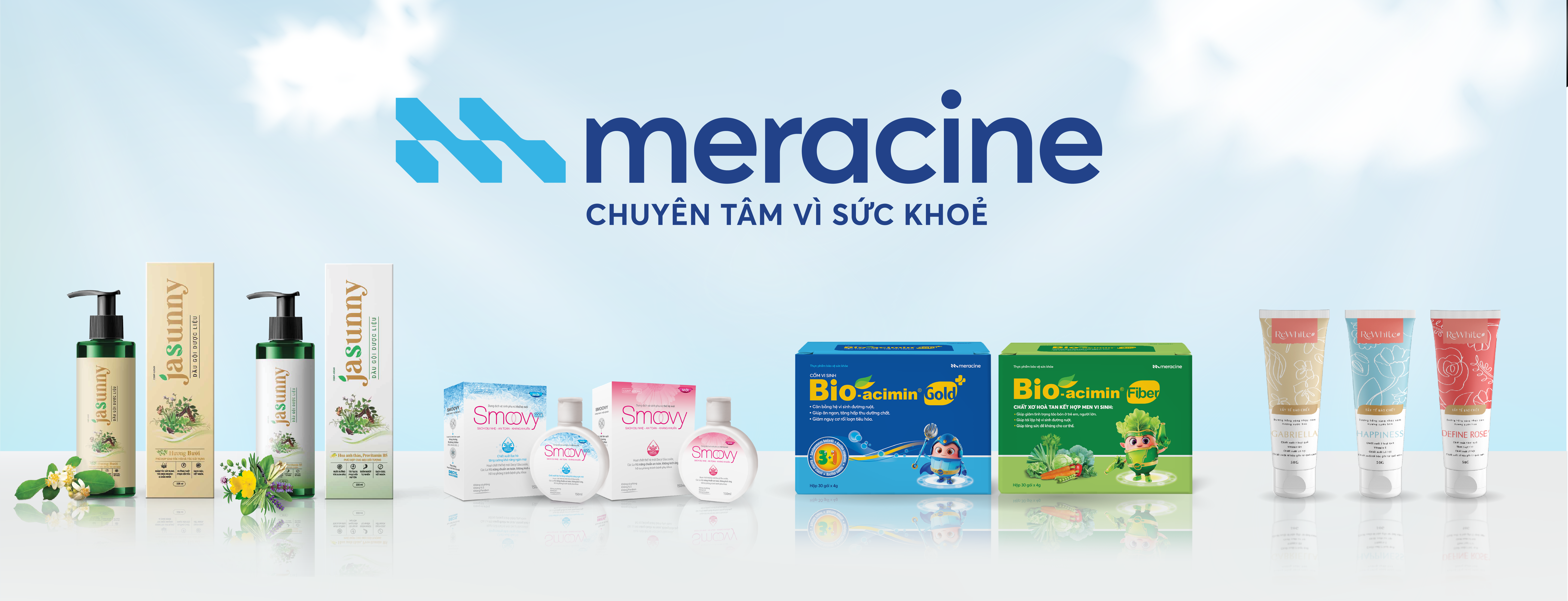 Các sản phẩm tiêu biểu của Dược phẩm Meracine: Cốm vi sinh Bio-acimin, dầu gội Jasunny, dung dịch vệ sinh Smoovy, gel tẩy tế bào chết Rewhitez