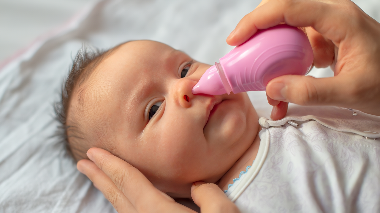 Hút mũi sau khi nhỏ nước muối là cách giảm sổ mũi cho bé sơ sinh hiệu quả.