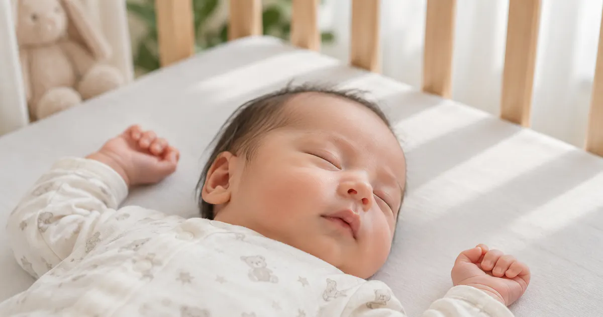 Bé sơ sinh ngủ nằm ngửa trong môi trường ngủ an toàn khi bị nghẹt mũi