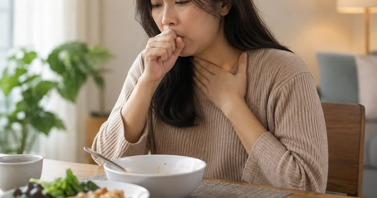 Người phụ nữ bị ho do trào ngược dạ dày đang ngồi thẳng sau bữa ăn