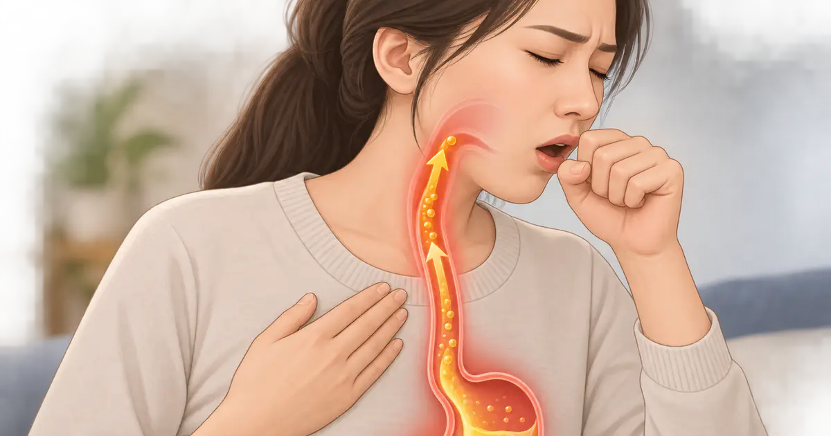 Minh họa dòng trào ngược từ dạ dày lên thực quản có thể kích thích gây ho