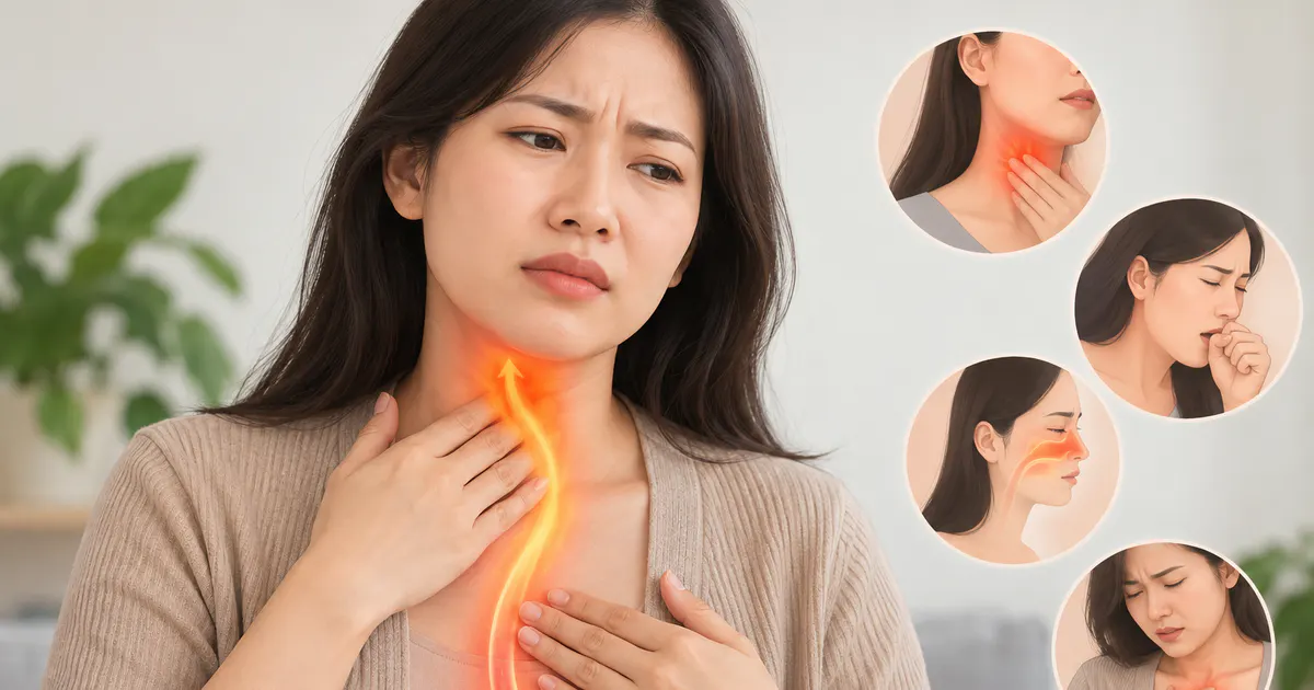 Minh họa cảm giác nóng rát vùng ngực và vướng họng thường gặp khi trào ngược