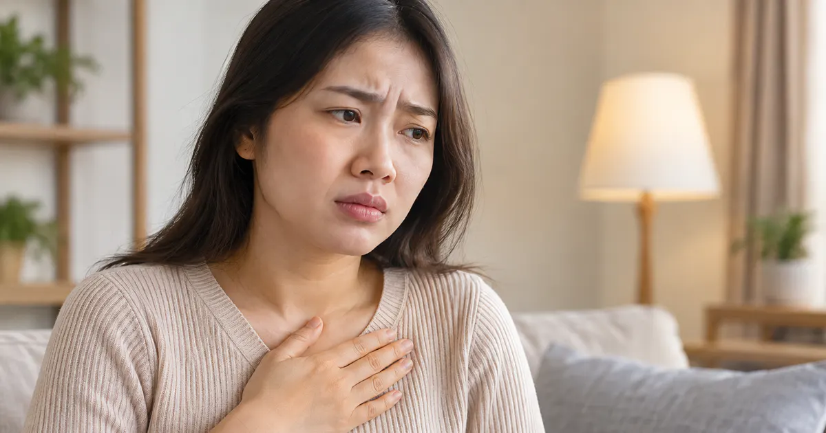 Biến chứng trào ngược dạ dày và dấu hiệu cần đi khám được minh họa qua người trưởng thành ôm vùng ngực trên