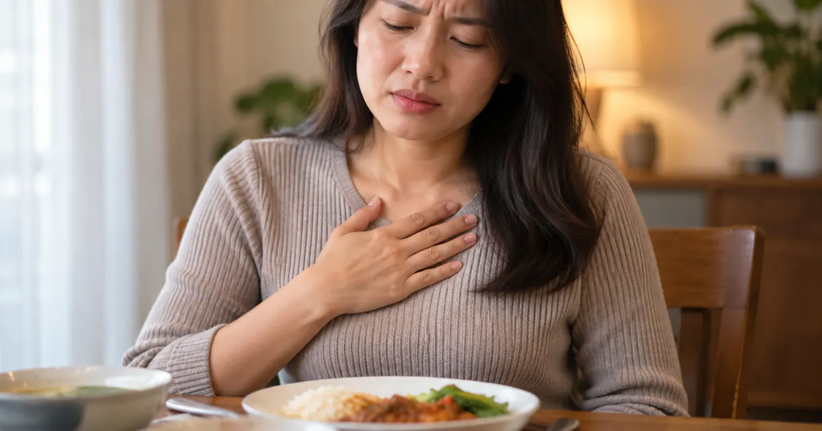 Người trưởng thành kín đáo theo dõi biểu hiện của trào ngược dạ dày sau bữa ăn