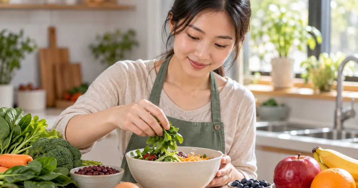 Người phụ nữ khỏe mạnh chuẩn bị bữa ăn giàu dinh dưỡng với chủ đề bổ huyết ích não