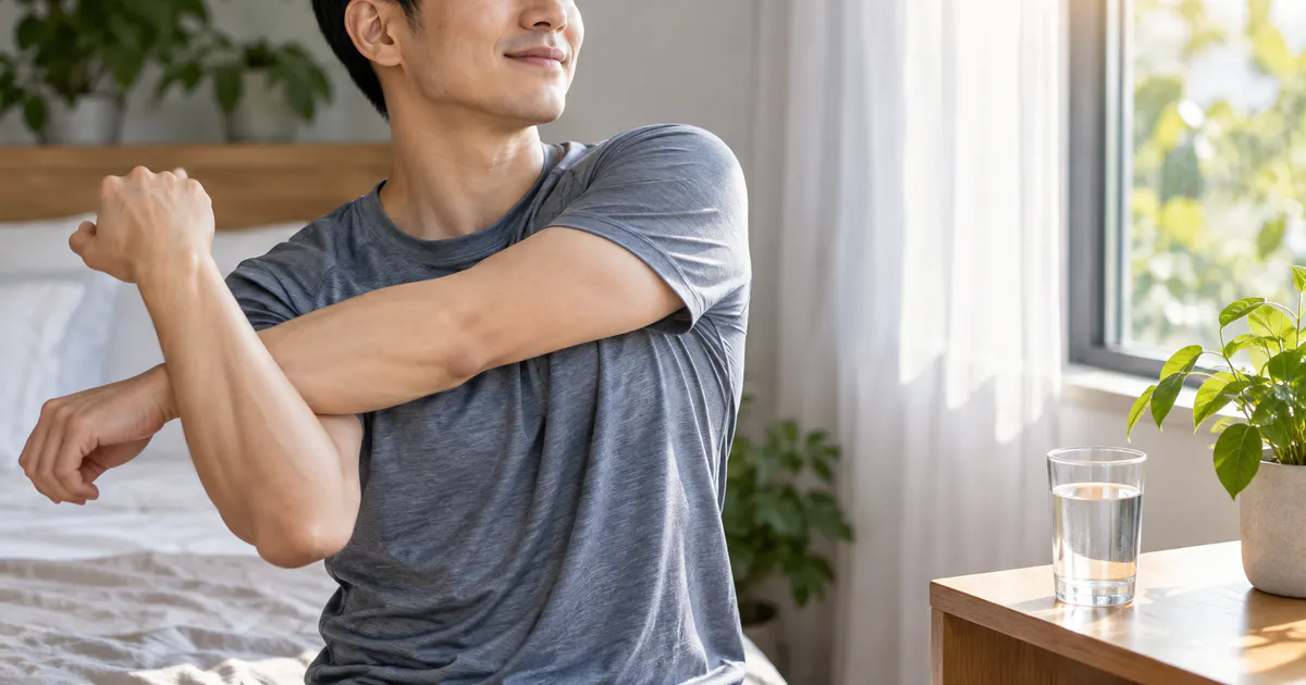 Người đàn ông tập giãn cơ nhẹ để hỗ trợ giấc ngủ và sự tỉnh táo