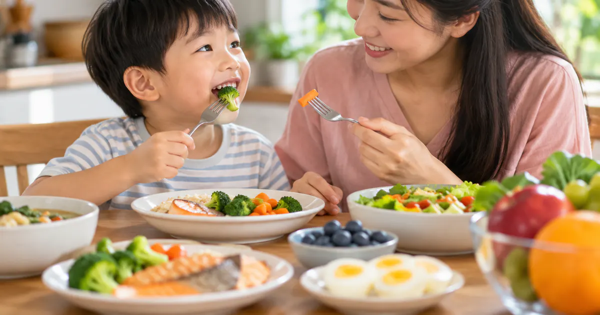 Cha mẹ cùng bé ăn bữa ăn đa dạng hỗ trợ bổ não cho bé