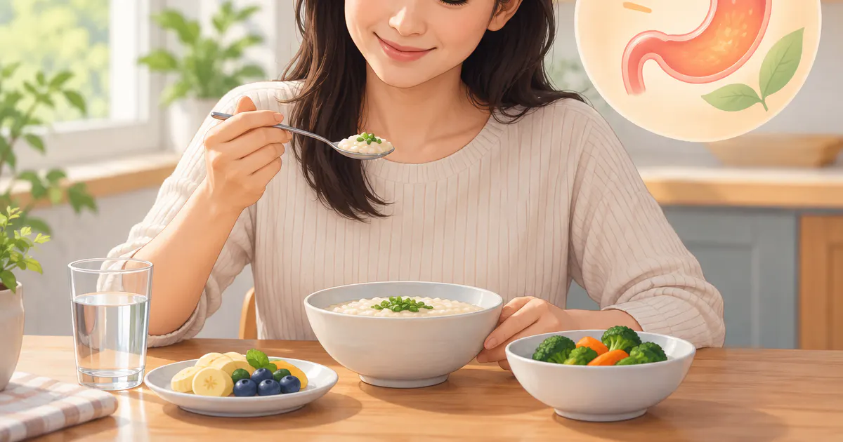 Minh họa tư thế ngồi thẳng và ăn chậm sau bữa sáng