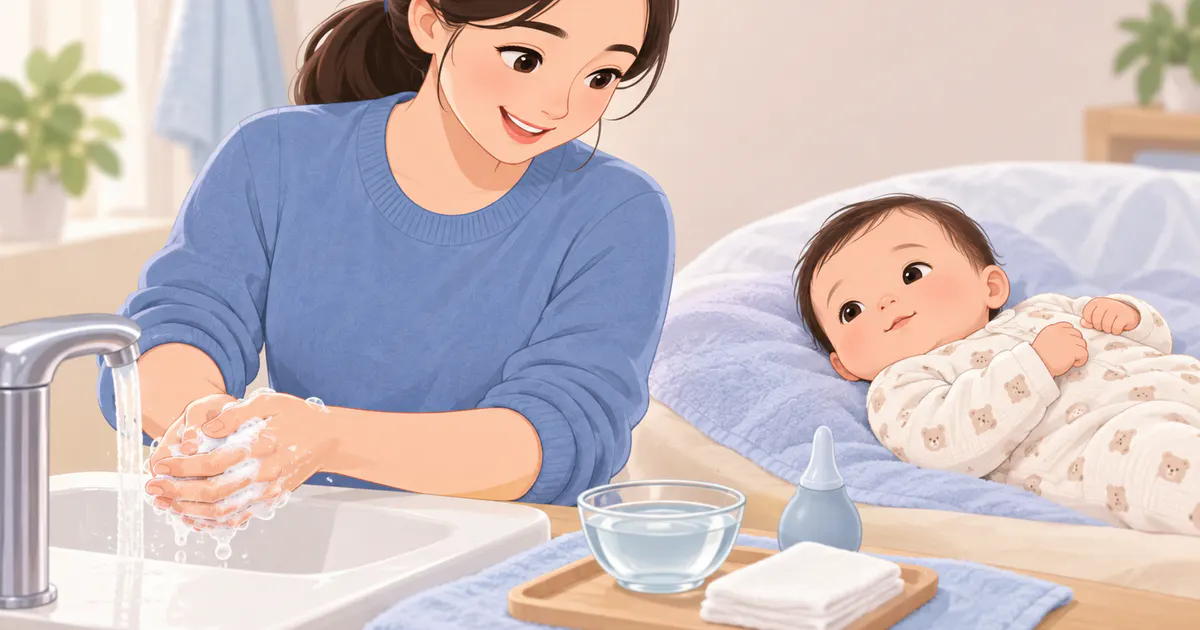 Chuẩn bị tay sạch và dụng cụ vệ sinh mũi cho bé