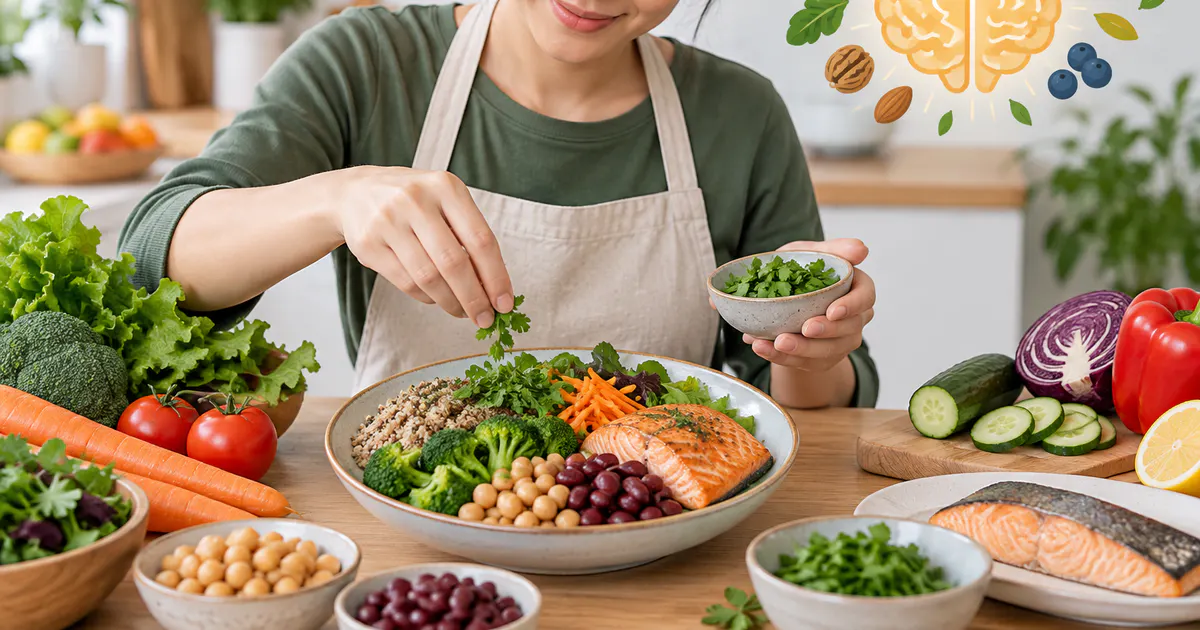 Bữa ăn cân đối với rau, đậu, ngũ cốc và cá hỗ trợ chăm sóc trí nhớ