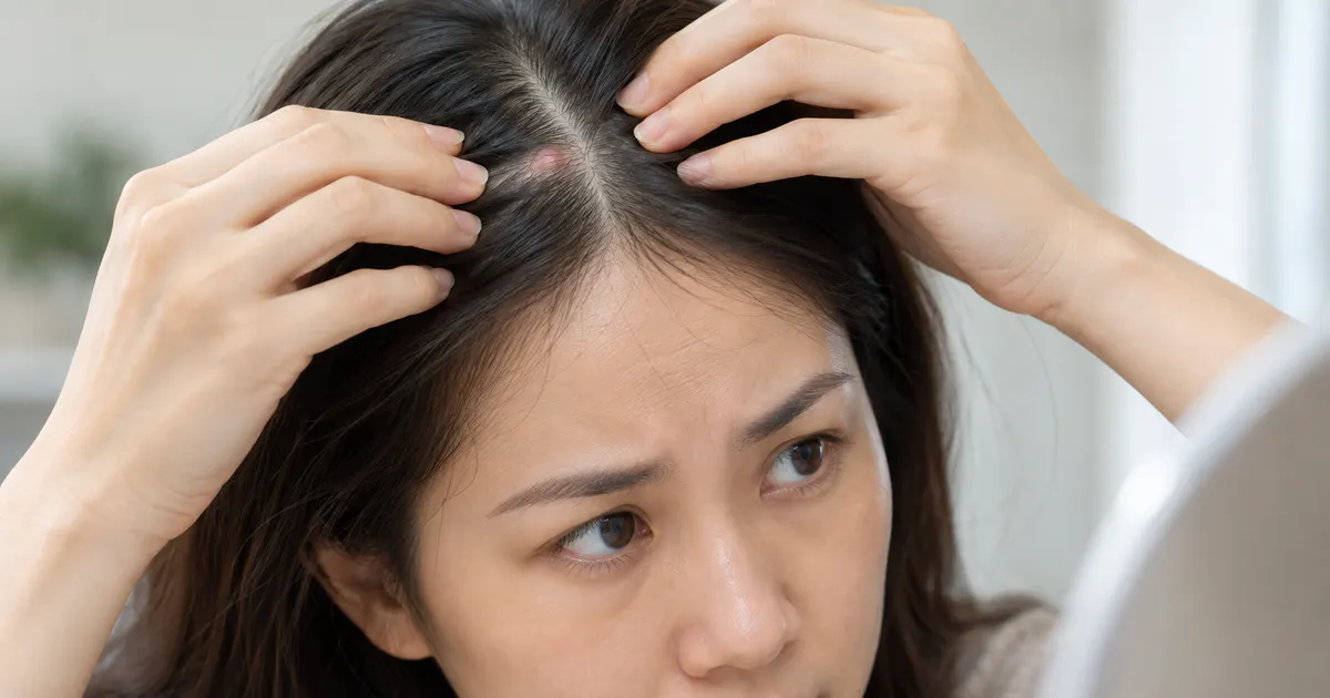 Cận cảnh da đầu nổi cục được quan sát nhẹ nhàng trong bối cảnh chăm sóc sức khỏe