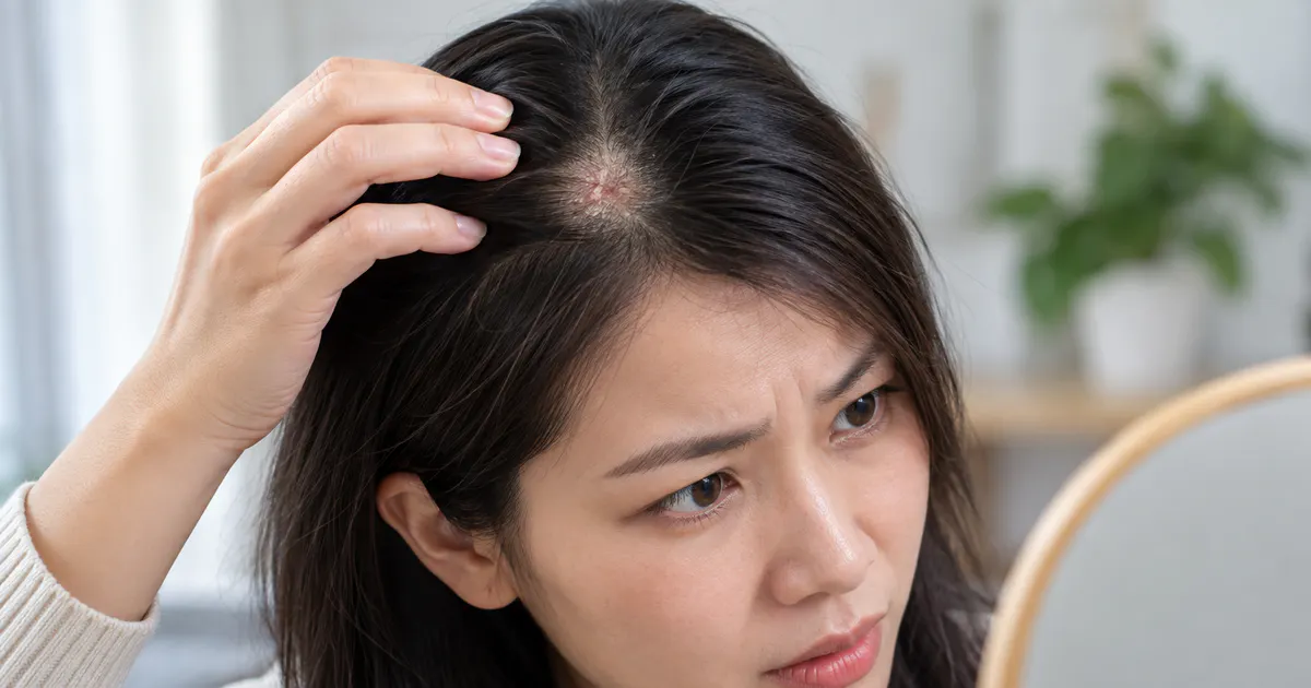 Người trưởng thành kiểm tra vùng da đầu ngứa và bong vảy nghi nấm
