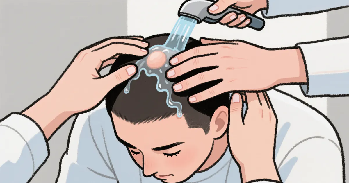 Minh họa chăm sóc nhẹ nhàng vùng da đầu nổi cục tại nhà