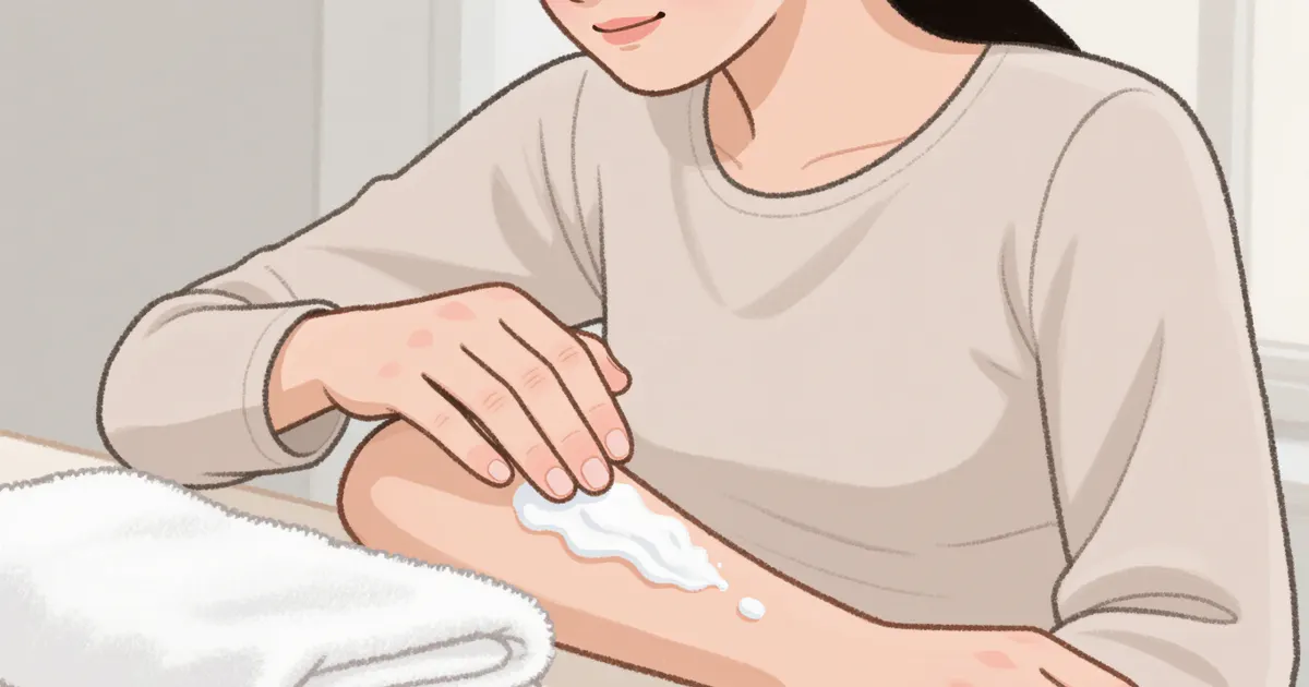 Minh họa người chăm sóc da dị ứng bằng thao tác dưỡng ẩm nhẹ nhàng