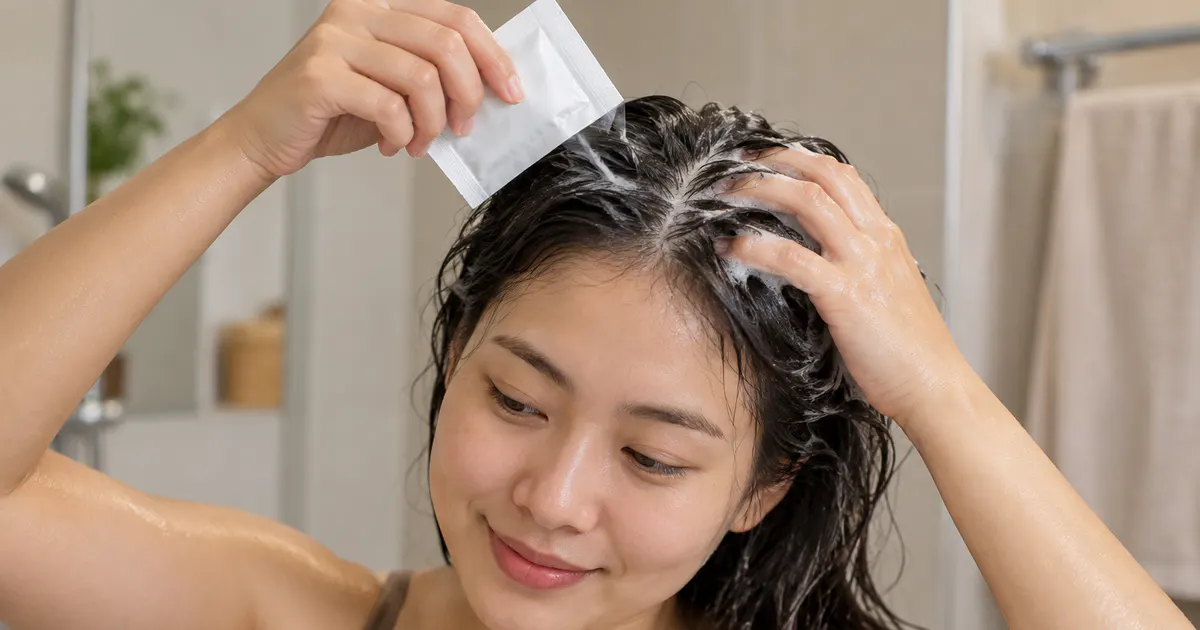 Người dùng dầu gội jasunny gói để chăm sóc da đầu tại nhà