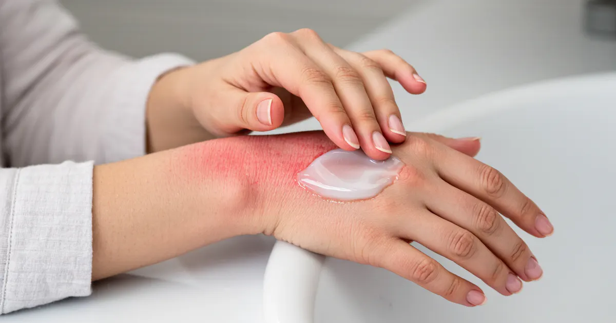 Dị ứng tiếp xúc trên vùng da bàn tay đang được chăm sóc nhẹ nhàng