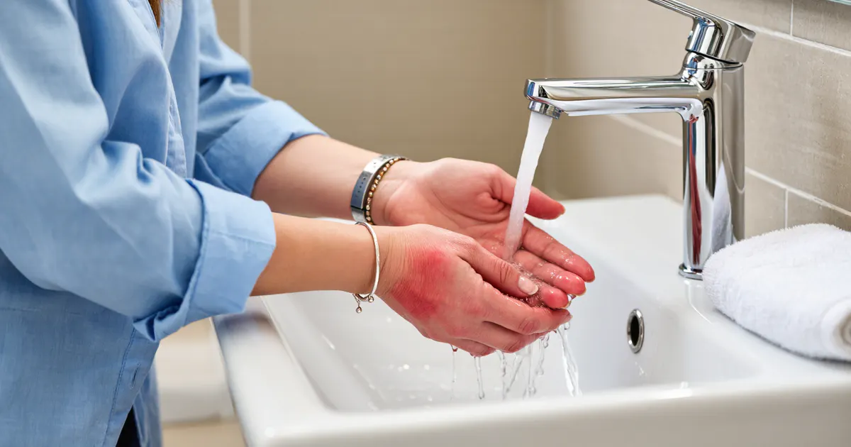 Rửa nhẹ vùng da tay bị kích ứng bằng nước ấm nhẹ trong chăm sóc viêm da tiếp xúc