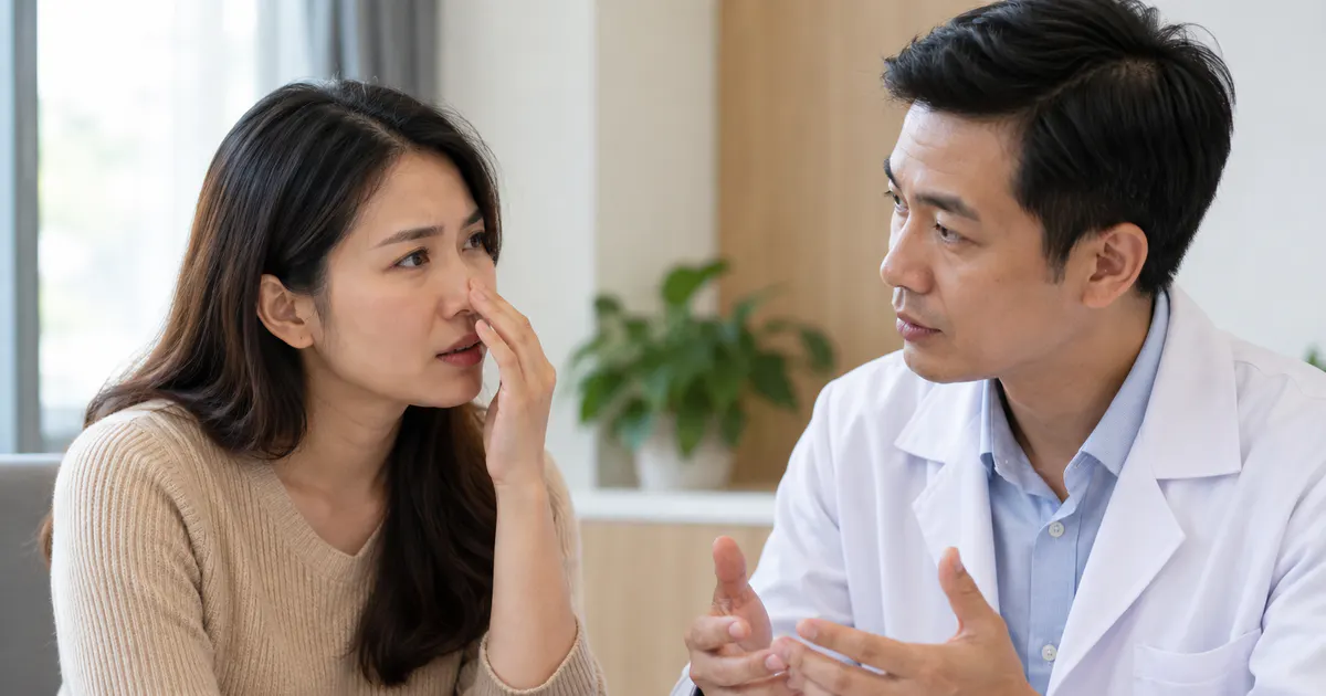 Người bệnh trao đổi với nhân viên y tế khi viêm mũi dị ứng kéo dài