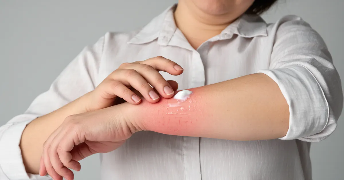 Cận cảnh người chăm sóc vùng da khô ngứa bằng kem bôi viêm da dị ứng dịu nhẹ