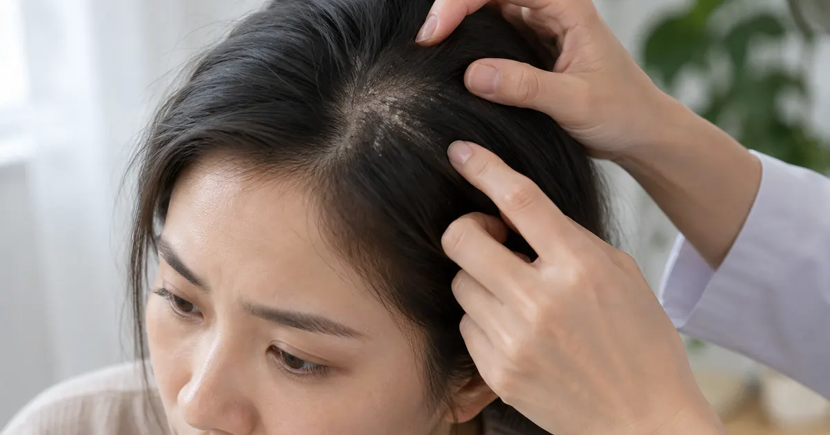 Cận cảnh da đầu có biểu hiện nấm vẩy gầu và vảy nhẹ, minh họa chăm sóc an toàn