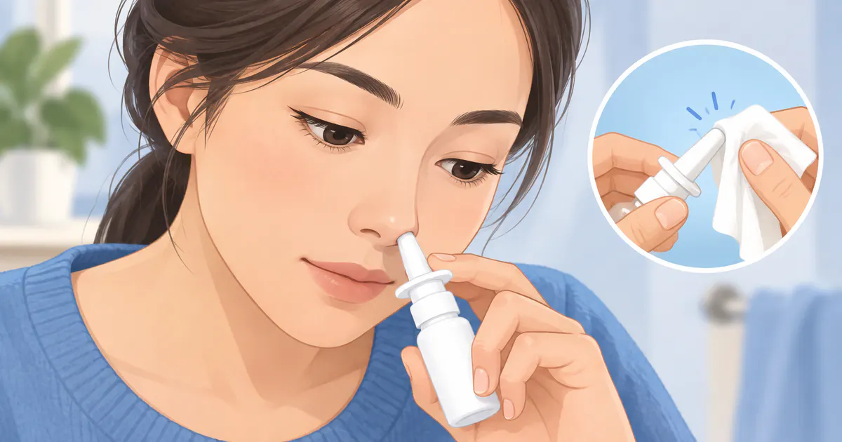 Minh họa tư thế dùng dung dịch xịt mũi và vệ sinh đầu vòi