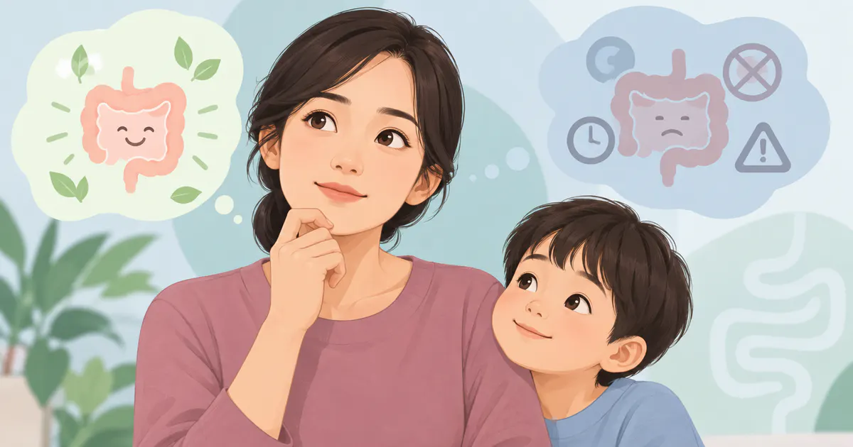 Minh họa người chăm sóc cân nhắc giới hạn của sản phẩm hỗ trợ tiêu hóa
