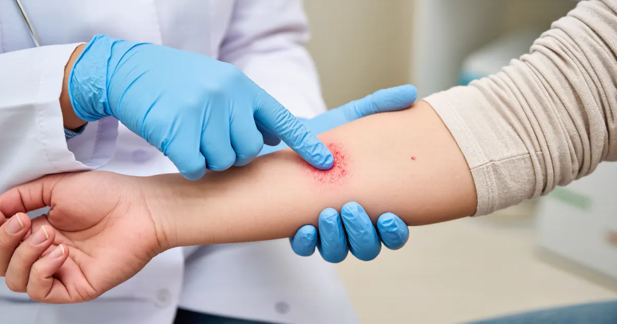 Bác sĩ đánh giá vùng da kích ứng trước khi cân nhắc thuốc bôi