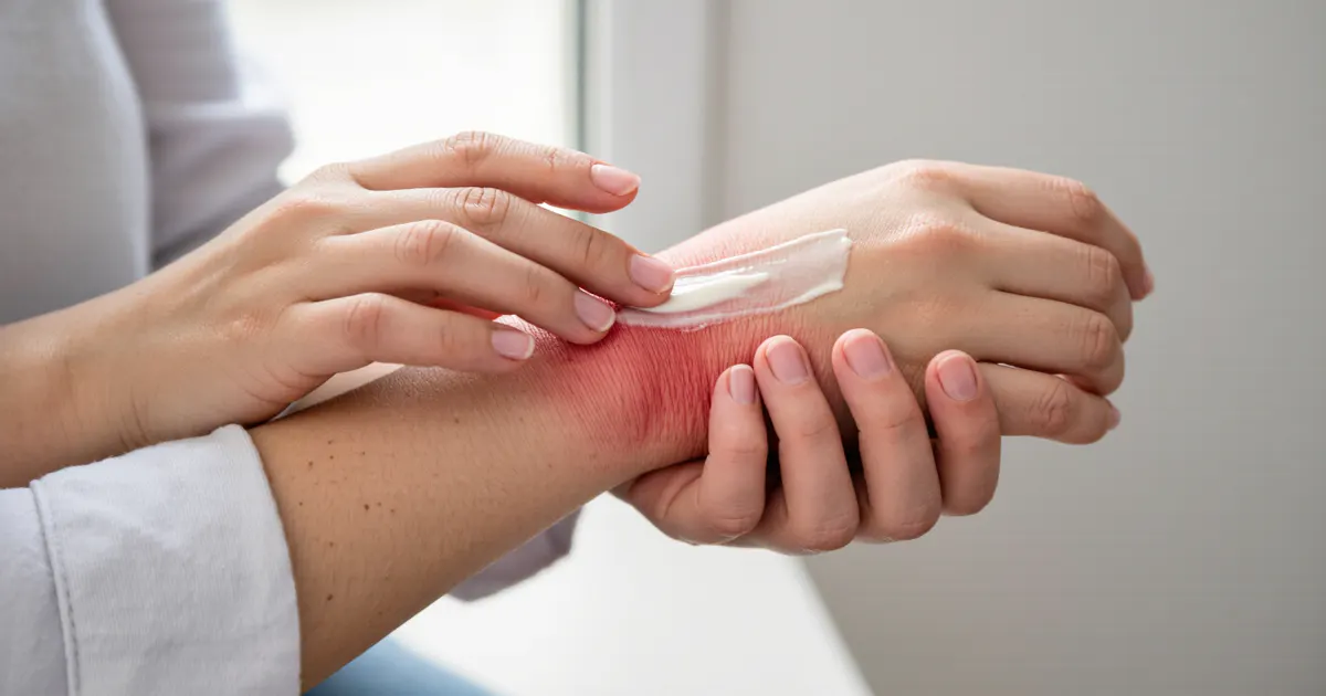 Người chăm sóc vùng da tay bị viêm da với thuốc bôi viêm da tiếp xúc an toàn