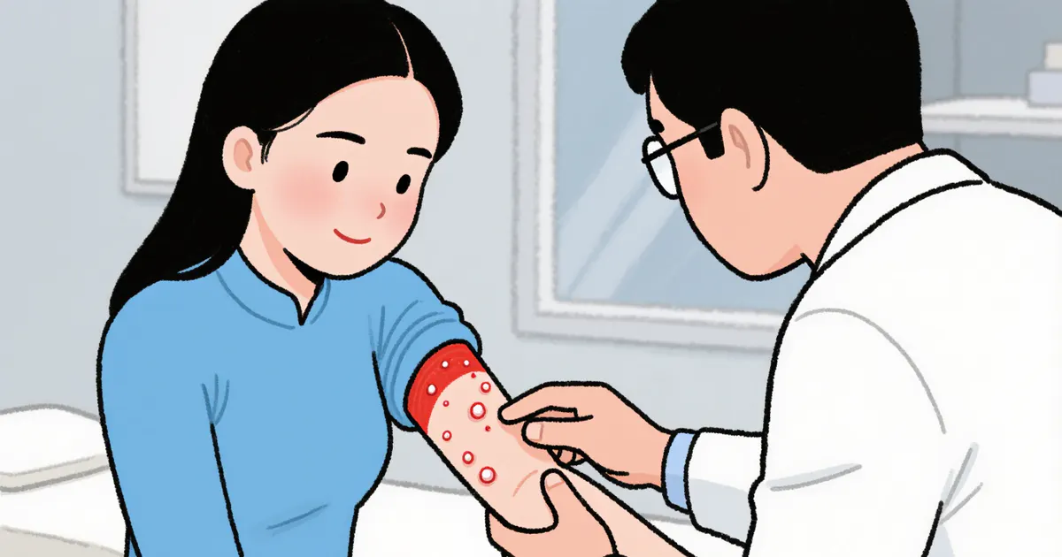 Bác sĩ tư vấn thuốc trị viêm da dị ứng cho người bệnh trong phòng khám
