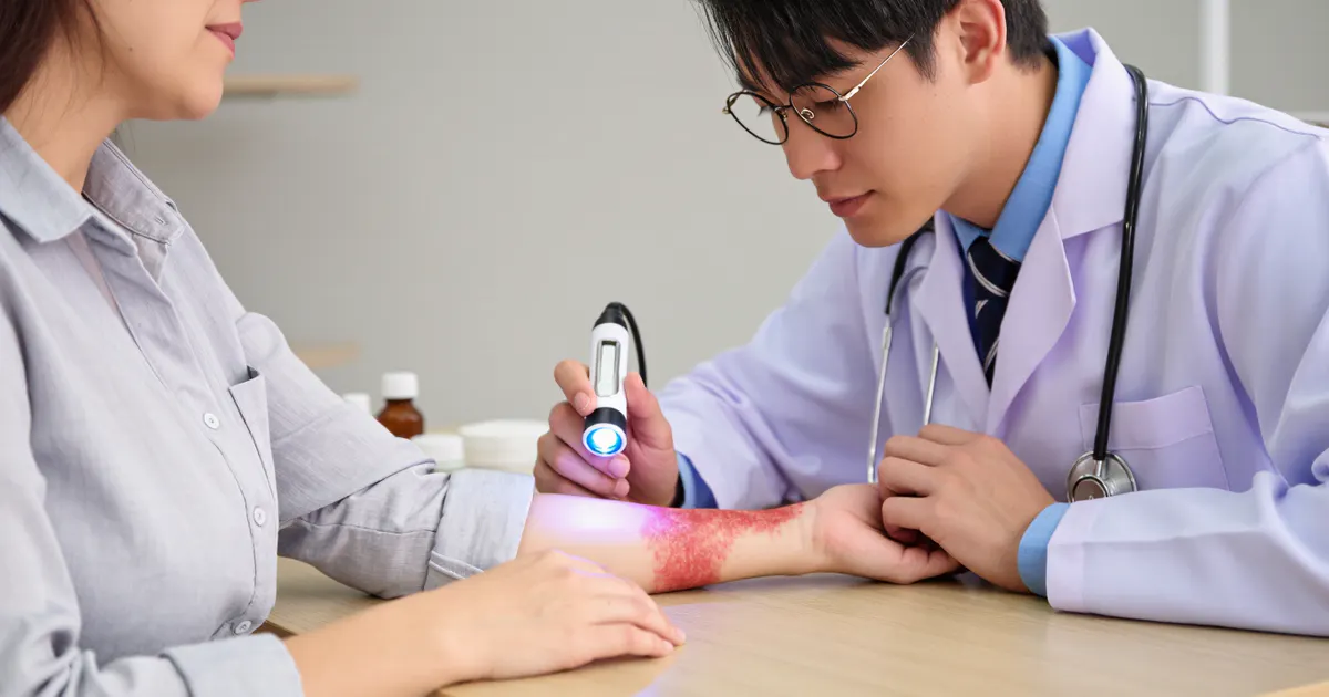 Bác sĩ kiểm tra vùng da viêm để đánh giá khi nào cần khám