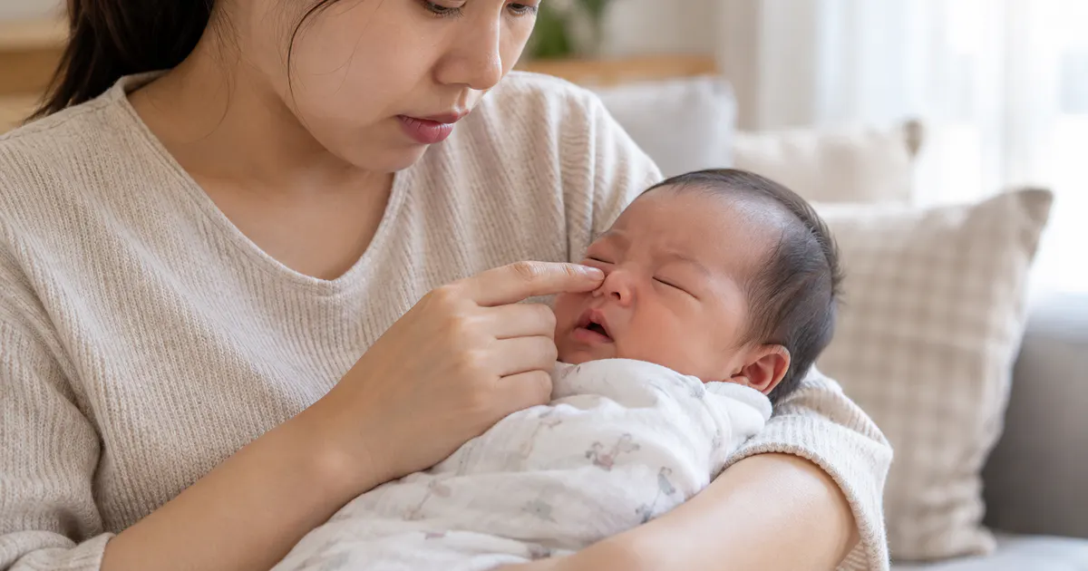 Cha mẹ chăm sóc trẻ sơ sinh 1 tháng tuổi bị nghẹt mũi an toàn tại nhà