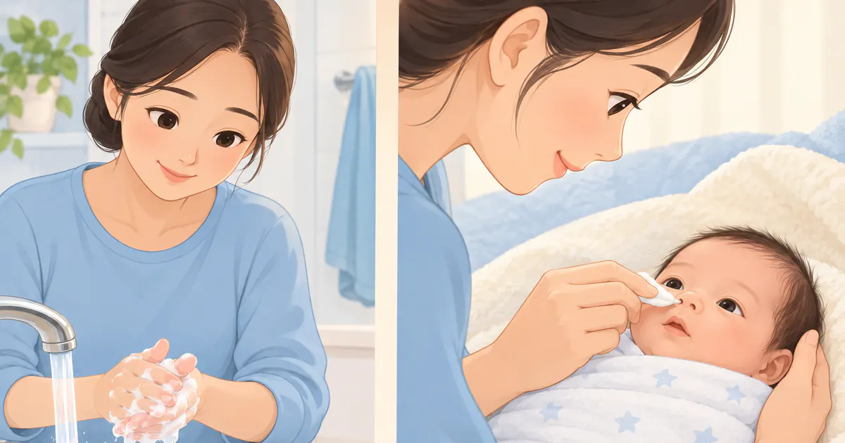 Người chăm sóc chuẩn bị vệ sinh mũi nhẹ nhàng cho trẻ sơ sinh