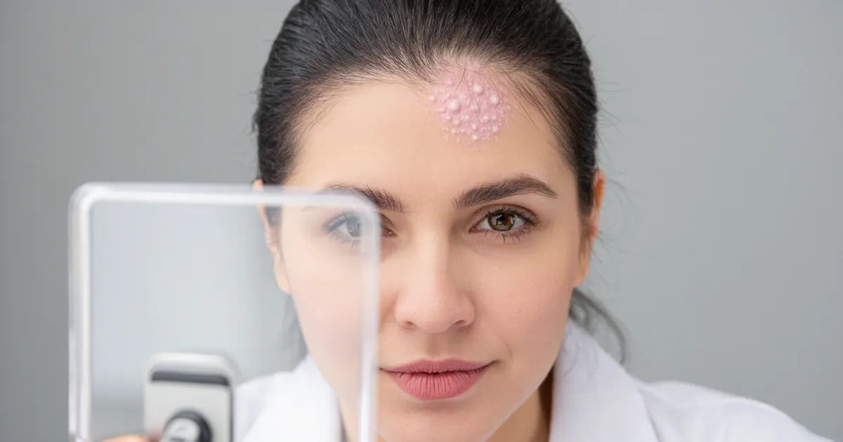 Cận cảnh vùng da đầu có biểu hiện viêm chân tóc nhẹ quanh nang lông