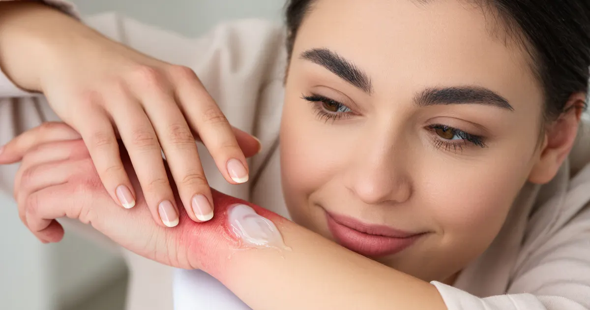 Cận cảnh người trưởng thành chăm sóc vùng da khô ngứa do viêm da chàm trên cánh tay