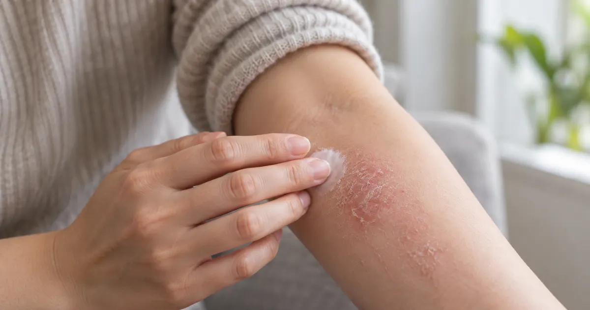Cận cảnh làn da khô đỏ do viêm da chàm được chăm sóc nhẹ nhàng