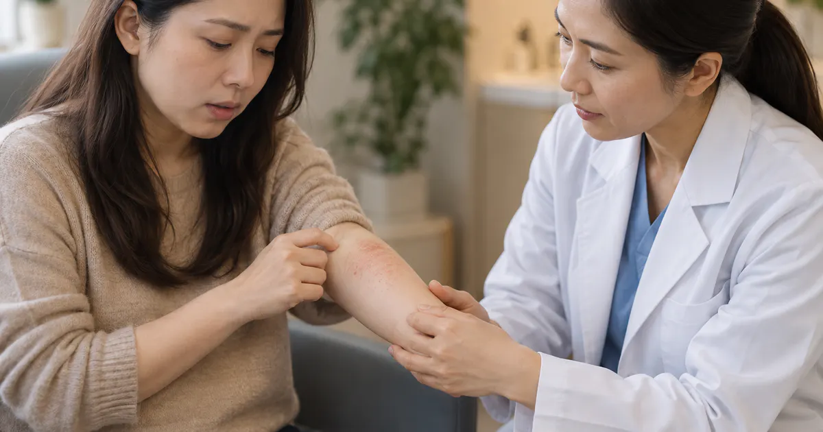 Người bệnh trao đổi với bác sĩ về dấu hiệu viêm da chàm