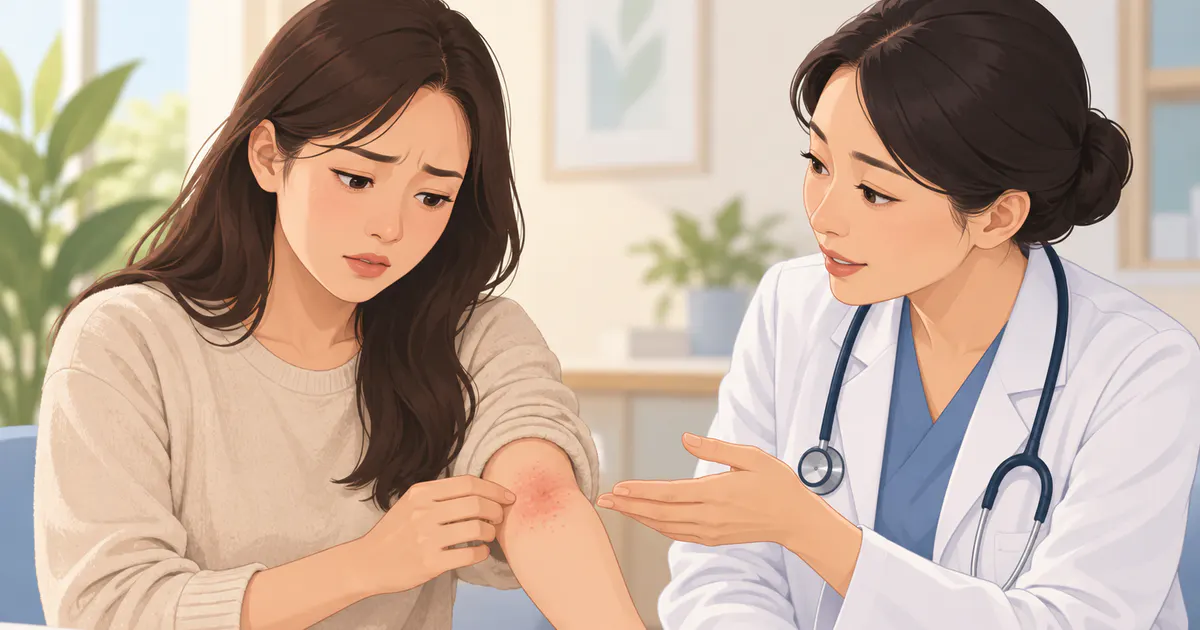 Người bị viêm da cơ địa trao đổi với nhân viên y tế khi tổn thương bất thường
