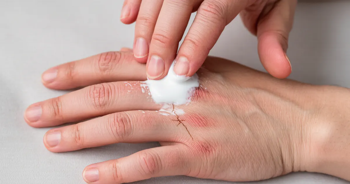 Cận cảnh bàn tay có biểu hiện viêm da cơ địa ngón tay khô đỏ và nứt nhẹ