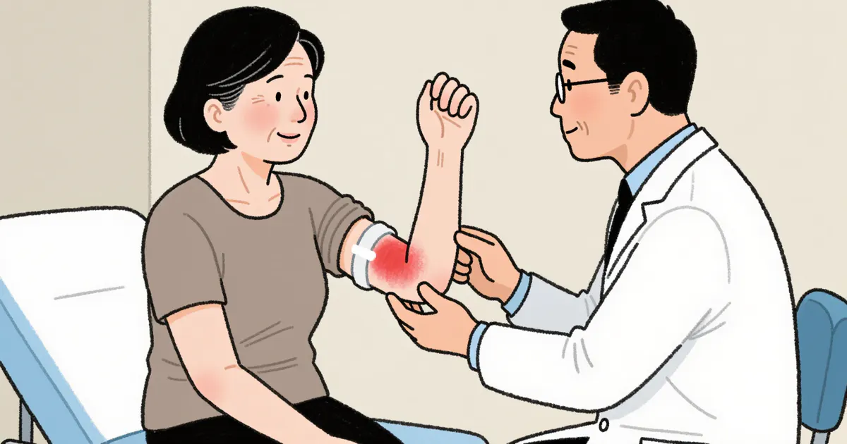 Minh họa người bị viêm da cơ địa trao đổi với nhân viên y tế khi triệu chứng kéo dài