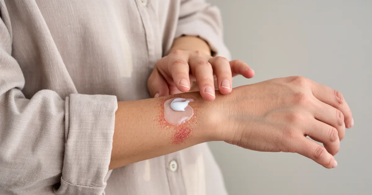 Người trưởng thành chăm sóc vùng da khô ngứa do viêm da cơ địa nhẹ bằng kem dưỡng ẩm