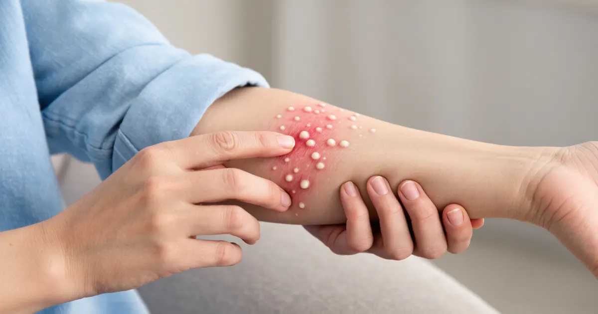Cận cảnh vùng da viêm da cơ địa nổi mụn nước được chăm sóc nhẹ nhàng