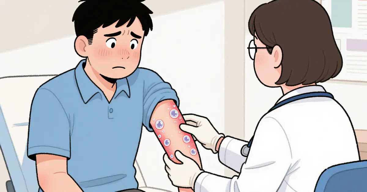 Người bệnh trao đổi với bác sĩ về vùng da có mụn nước