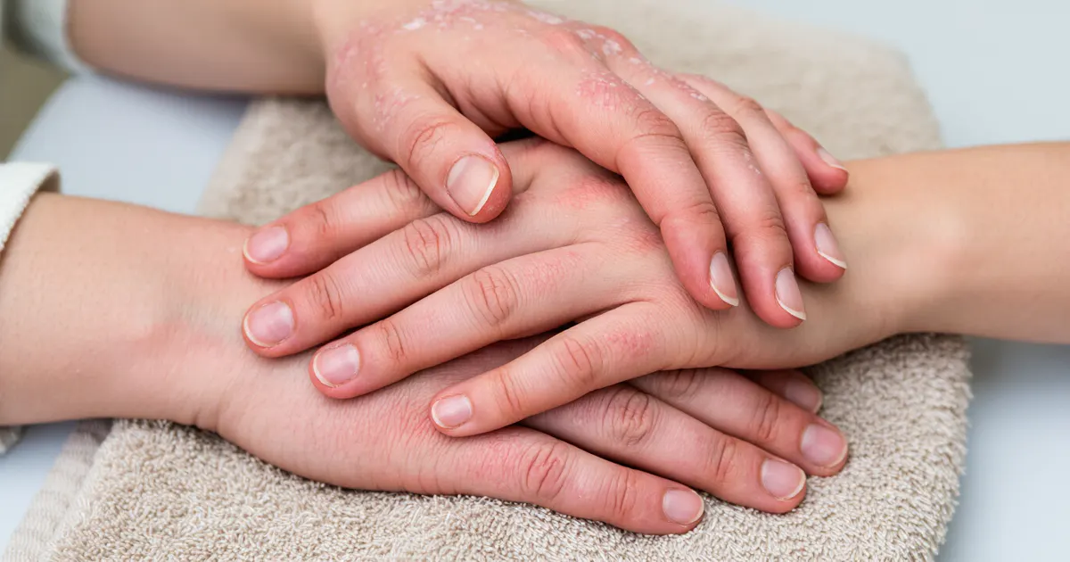 Cận cảnh bàn tay khô đỏ, nứt nhẹ do viêm da cơ địa ở tay