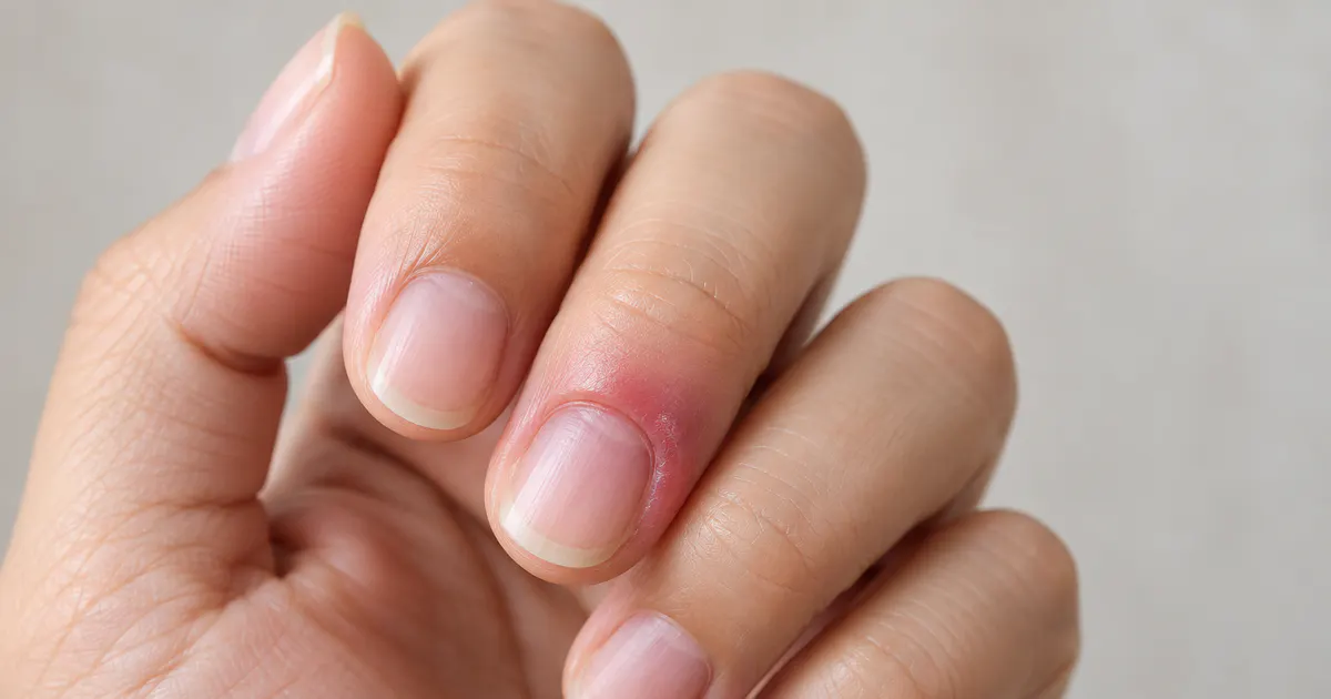 Viêm khoé móng tay với vùng da đỏ nhẹ quanh móng được chăm sóc đúng cách