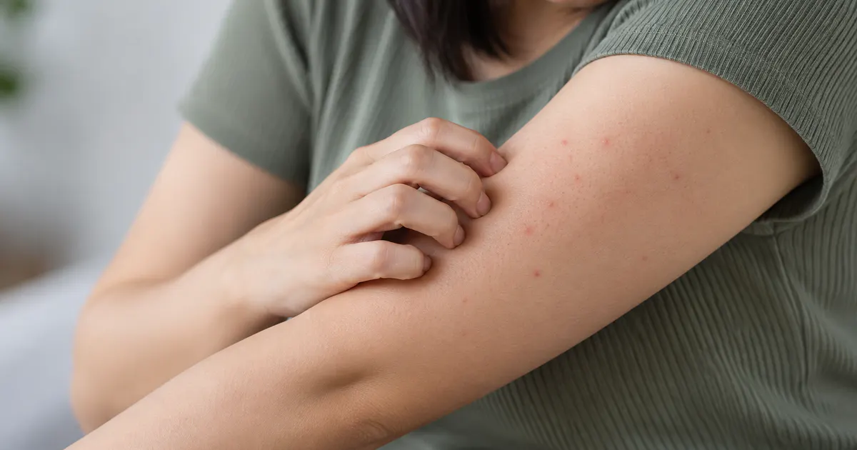 Cận cảnh vùng cánh tay có các nốt đỏ nhẹ quanh nang lông, minh họa viêm lỗ chân lông ở tay