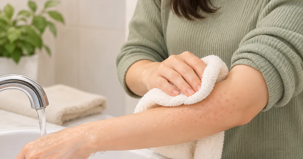 Minh họa rửa nhẹ và thấm khô vùng tay khi chăm sóc nốt viêm quanh nang lông