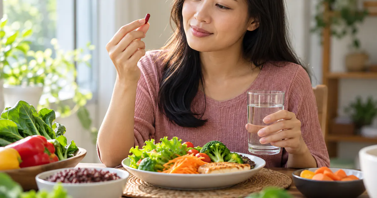 Người phụ nữ khỏe mạnh cầm viên uống bổ máu bên bữa ăn giàu dưỡng chất