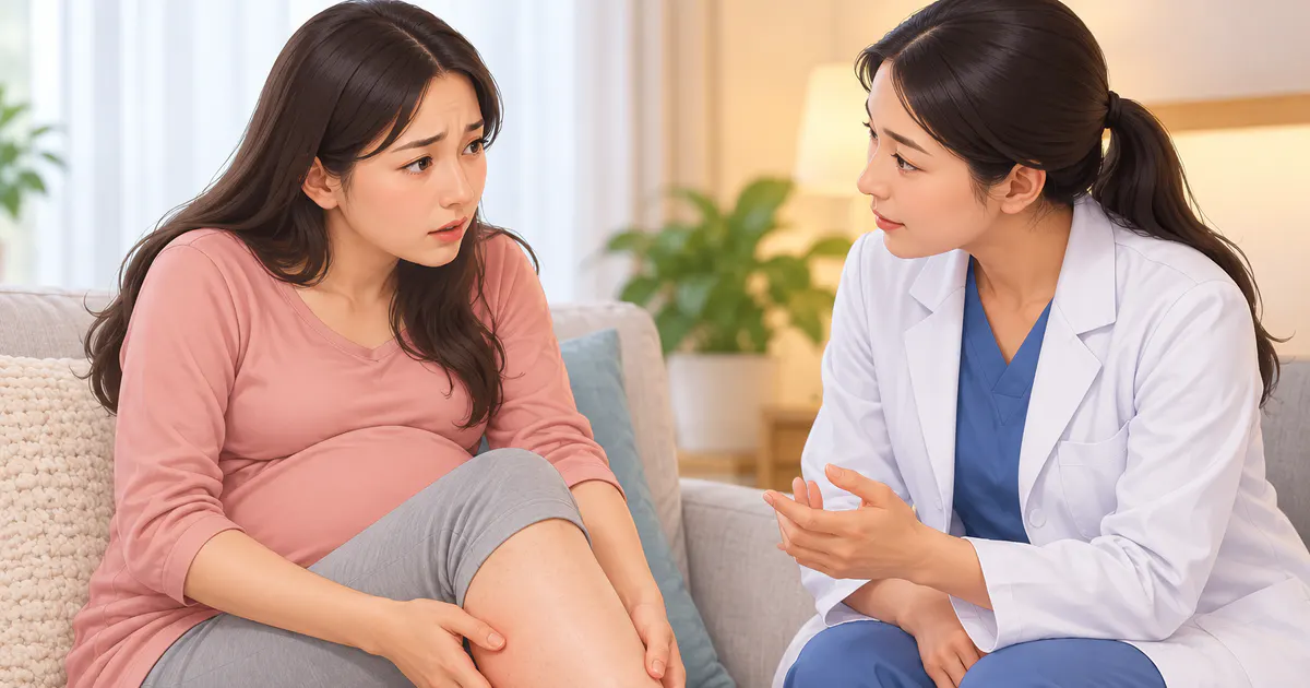 Minh họa bà bầu trao đổi với nhân viên y tế về đau chân bất thường
