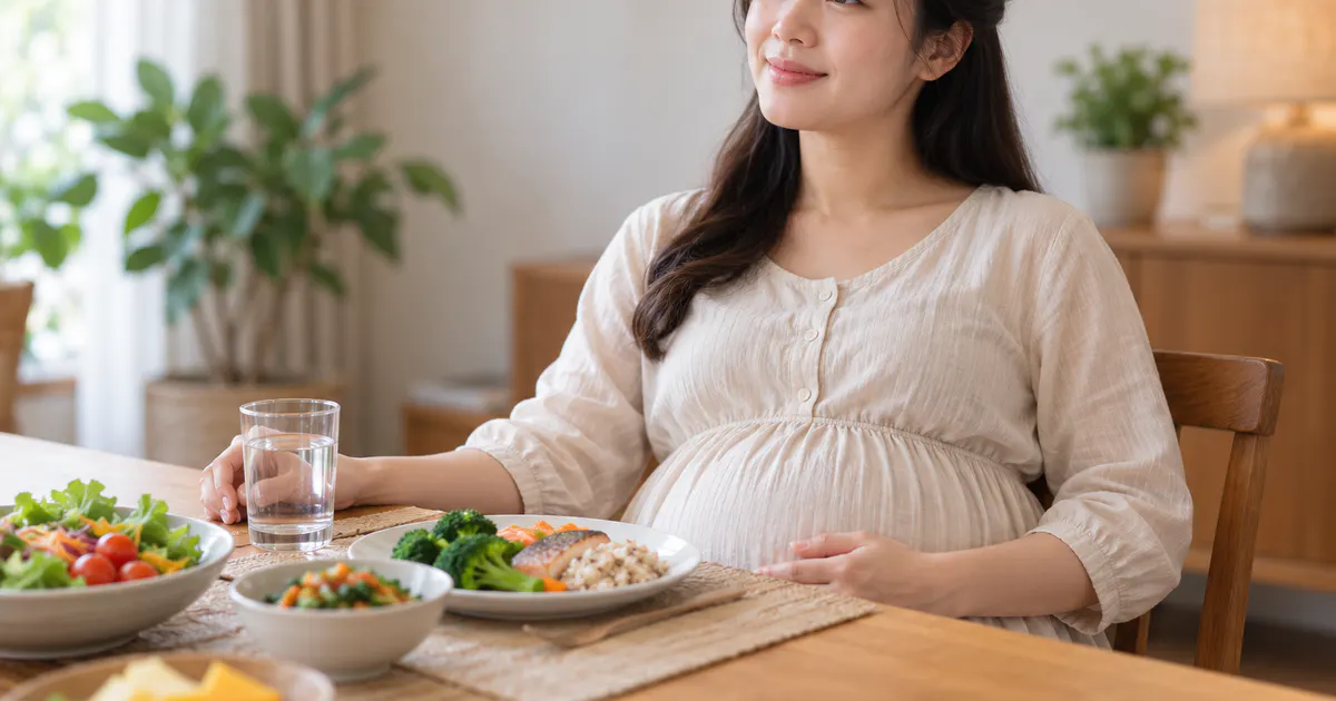 Mẹ bầu ngồi thẳng và uống từng ngụm nước sau bữa ăn