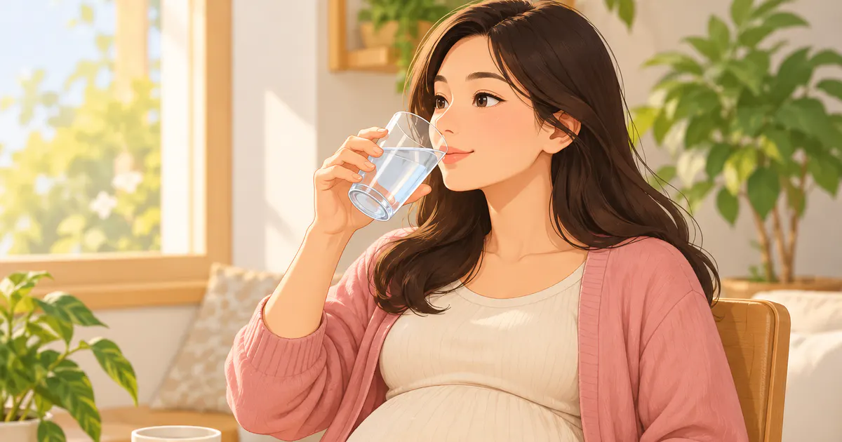 Minh họa mẹ bầu uống từng ngụm nước đều đặn trong ngày